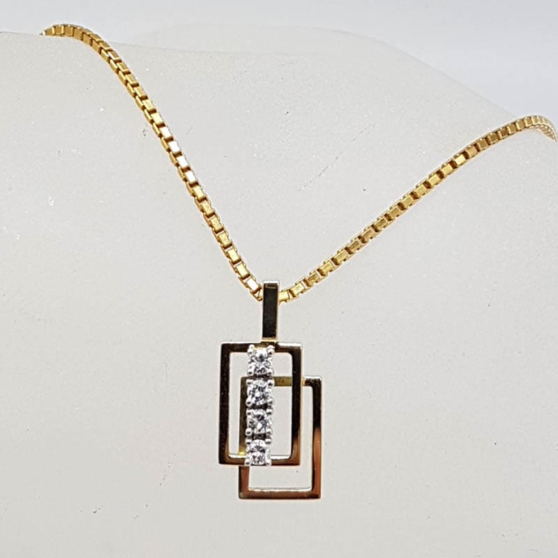 18ct Yellow Gold 4 Diamonds in Rectangles Unusual Pendant on Gold Chain - Antique / Vintage