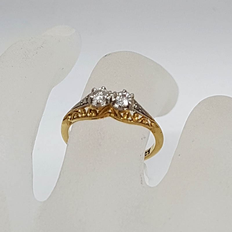 18ct Yellow Gold Two Diamond Et Toi Et Moi Ornate Filigree Engagement Ring / Dress Ring - Antique / Vintage