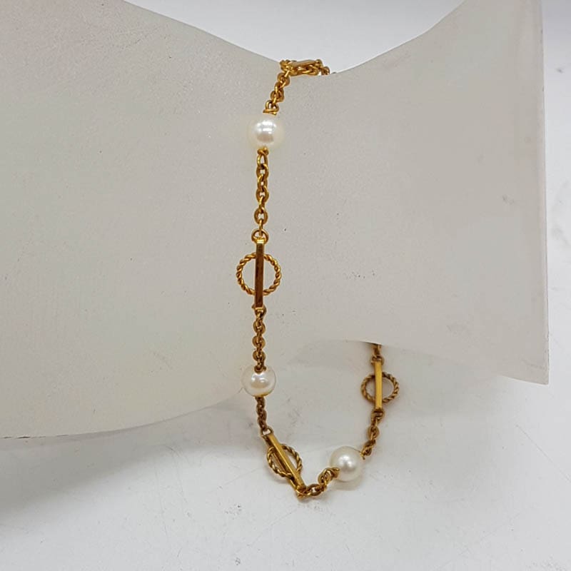9ct Yellow Gold Cultured Pearl Unusual Link Bracelet - Antique / Vintage