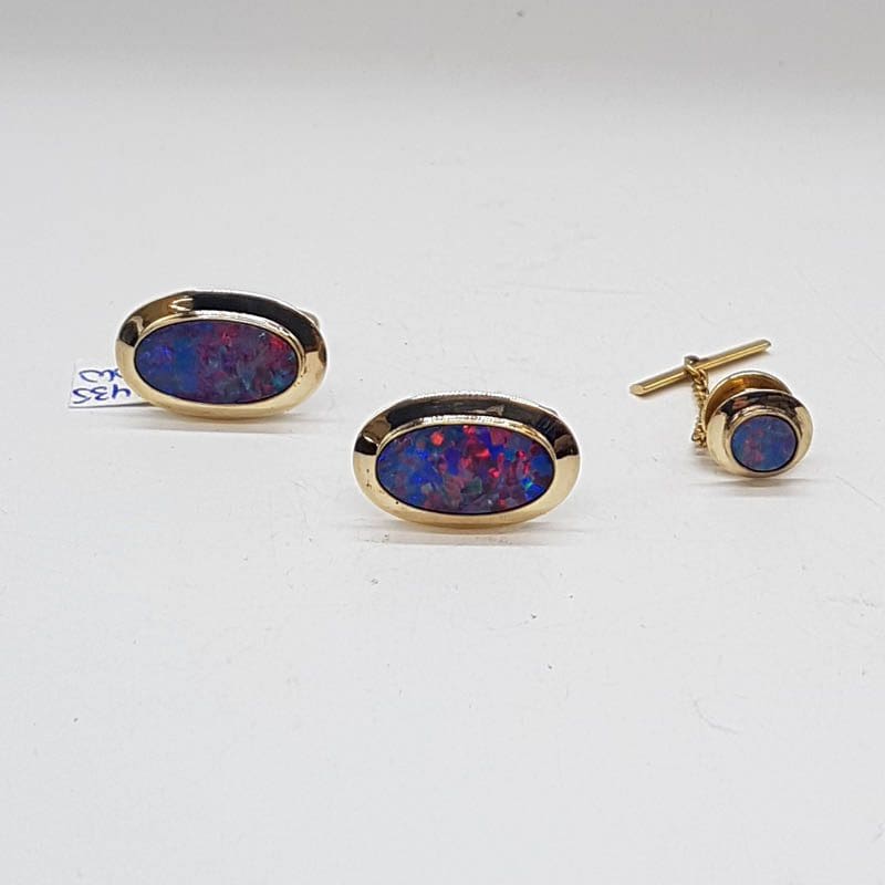 9ct Yellow Gold Oval Opal Cufflinks with Stud Pin Set - Antique / Vintage