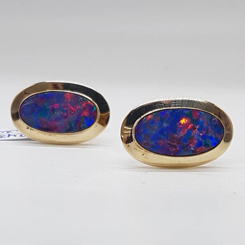9ct Yellow Gold Oval Opal Cufflinks with Stud Pin Set - Antique / Vintage