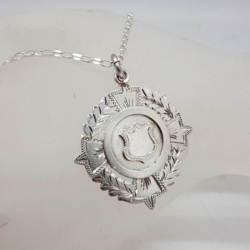 Sterling Silver Ornate Round Fob Medallion / Medal Pendant on Silver Chain - Antique / Vintage
