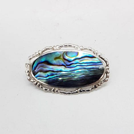 Sterling Silver Oval Ornate Rimmed Paua Shell Brooch - Vintage