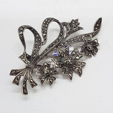 Sterling Silver Marcasite Brooch - Floral with Ribbon Design - Antique / Vintage