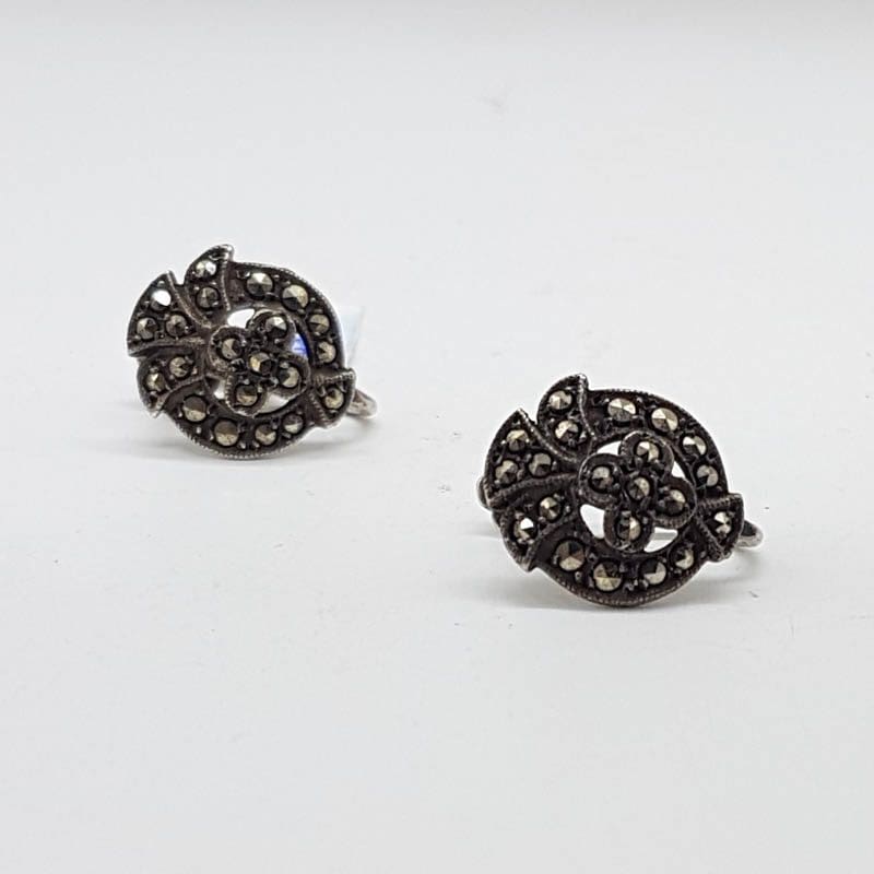 Sterling Silver Marcasite Round Screw-On Earrings Antique / Vintage