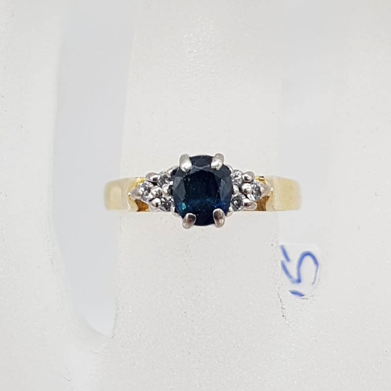 18ct Yellow Gold Oval Natural Sapphire with Two Diamond High Set Ring - Antique / Vintage
