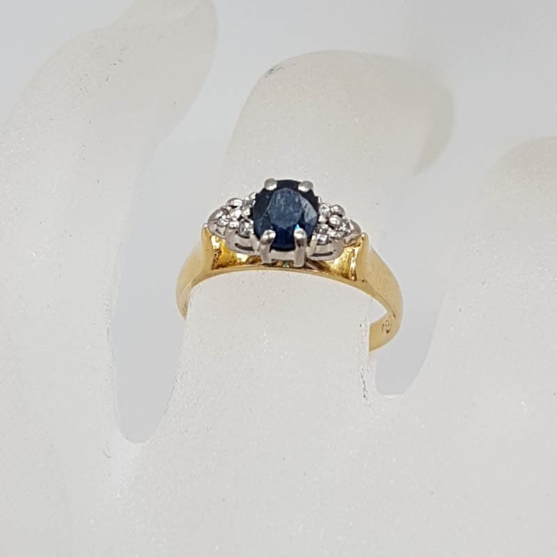 18ct Yellow Gold Oval Natural Sapphire with Two Diamond High Set Ring - Antique / Vintage