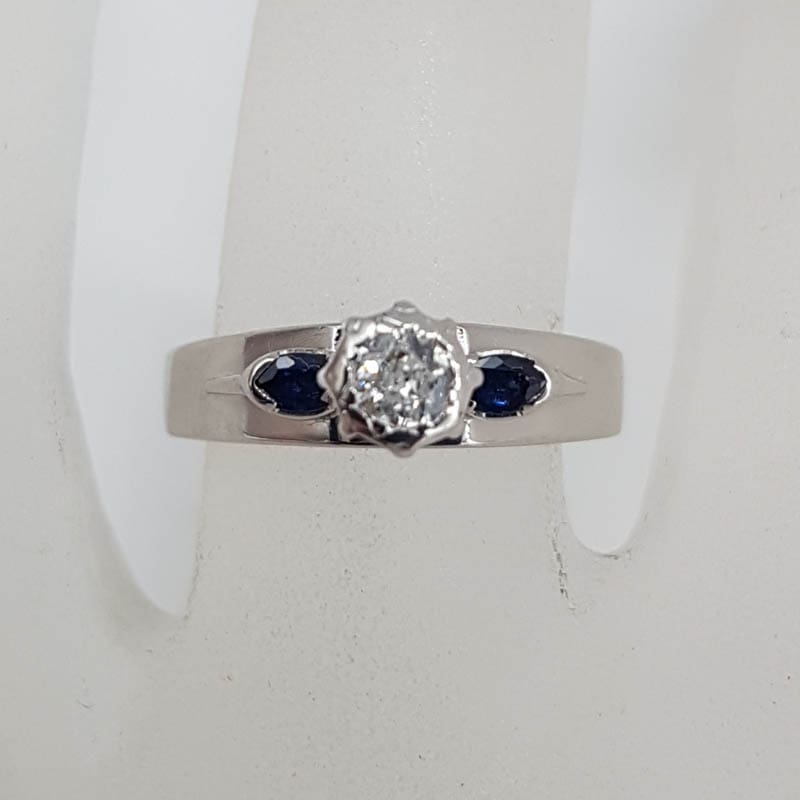 18ct White Gold Diamond Solitaire with Two Natural Sapphires High Set Ring - Antique / Vintage - Engagement Ring / Dress Ring