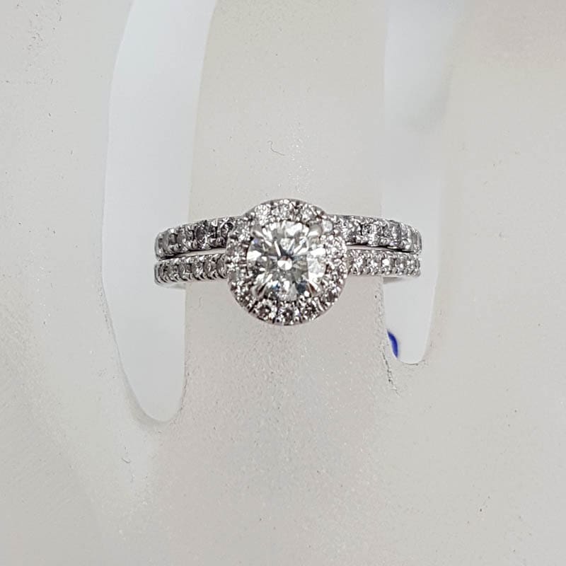 18ct White Gold Diamond Halo Design Round Engagement Ring and Wedding Ring Set