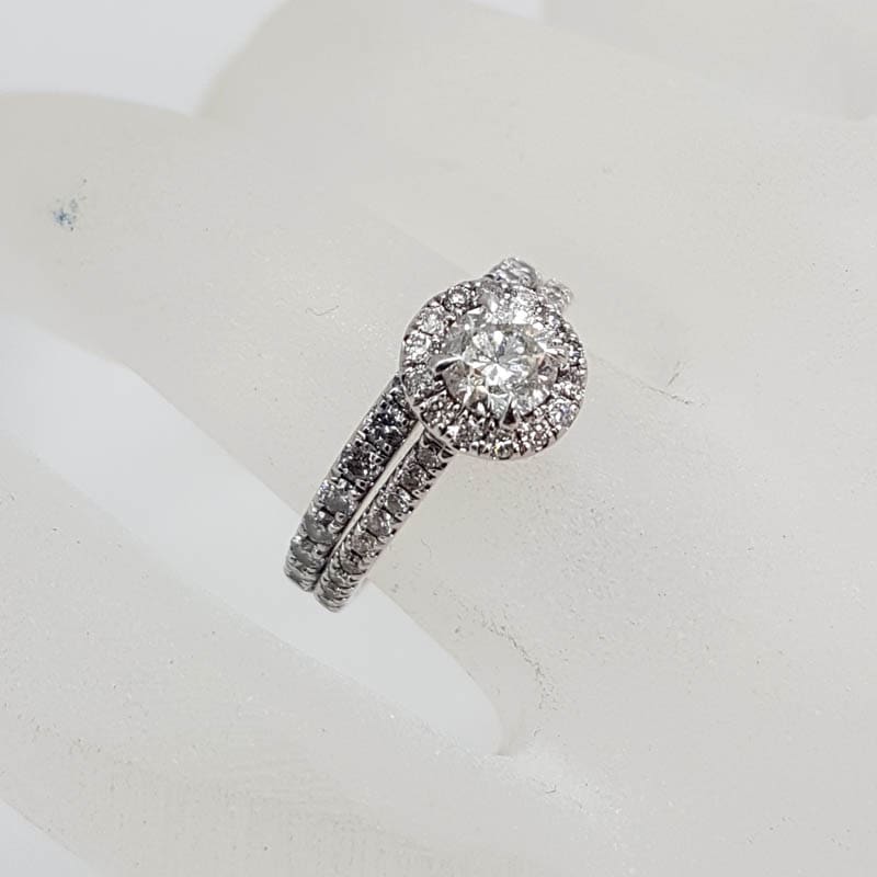 18ct White Gold Diamond Halo Design Round Engagement Ring and Wedding Ring Set