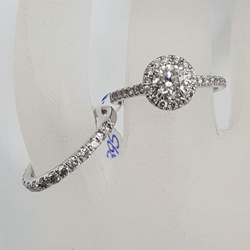 18ct White Gold Diamond Halo Design Round Engagement Ring and Wedding Ring Set