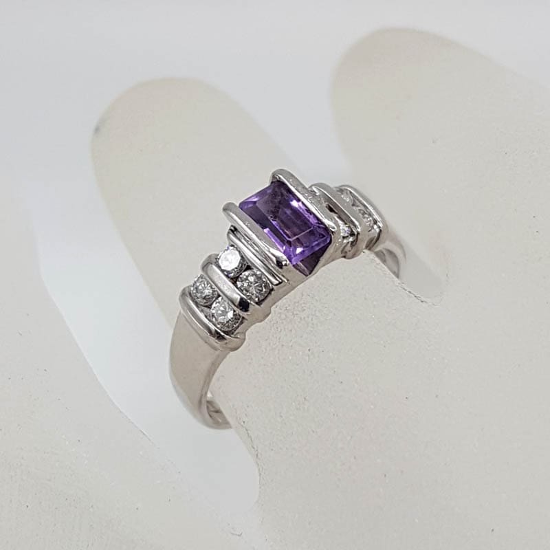 9ct White Gold Rectangular Amethyst and Diamond Channel Set Ring