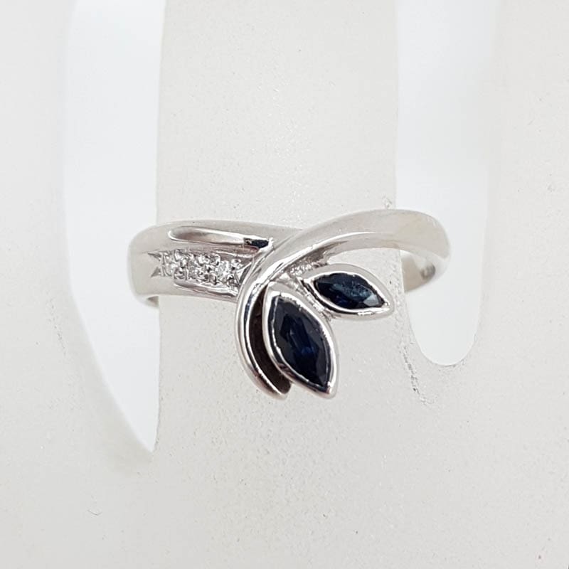 18ct White Gold Natural Sapphire and Diamond Curved Leaf Design Ring