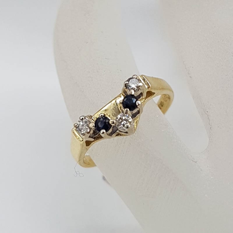 9ct Yellow Gold Sapphire and Diamond V Shaped Curved Eternity Ring / Wedding Band Ring - Antique / Vintage