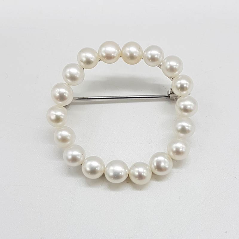 Sterling Silver Round Circle Pearl Brooch - Vintages