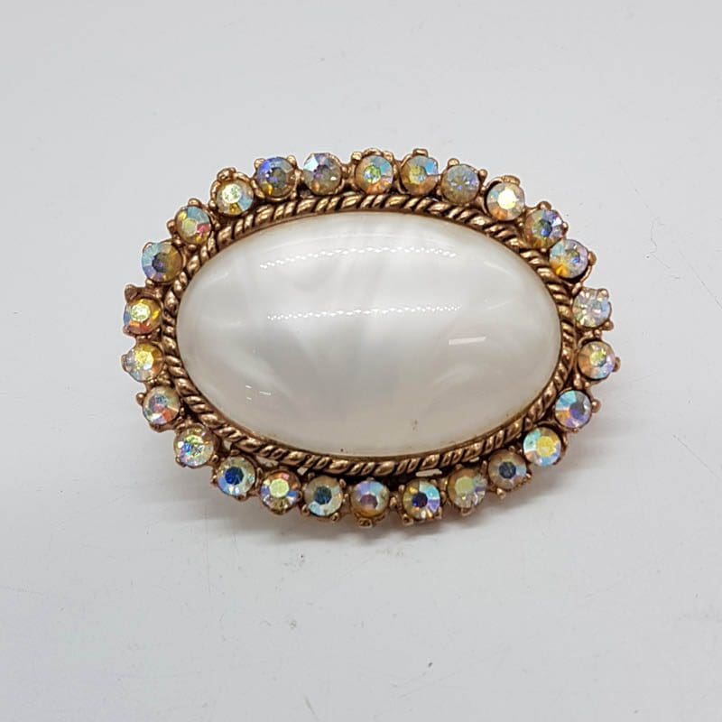 Plated Large Oval White and Aurora Borealis Brooch - Vintage Costume Jewellery