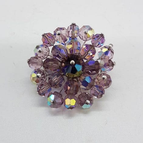 Plated Large Round Purple Crystal Cluster Brooch - Vintage Costume Jewellery