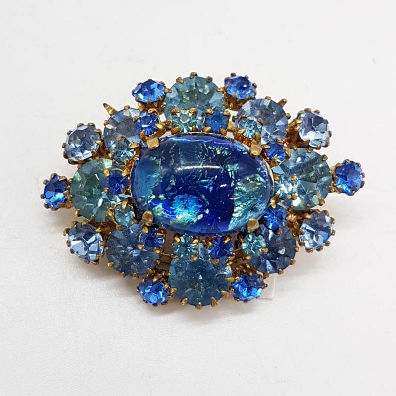 Plated Large Oval Blue Cluster Brooch - Vintage Costume Jewellery