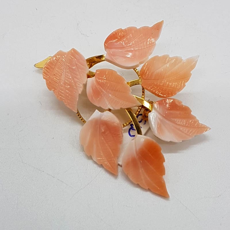 Plated Carved Pink Shell Leaves Brooch - Vintage Costume Jewellery