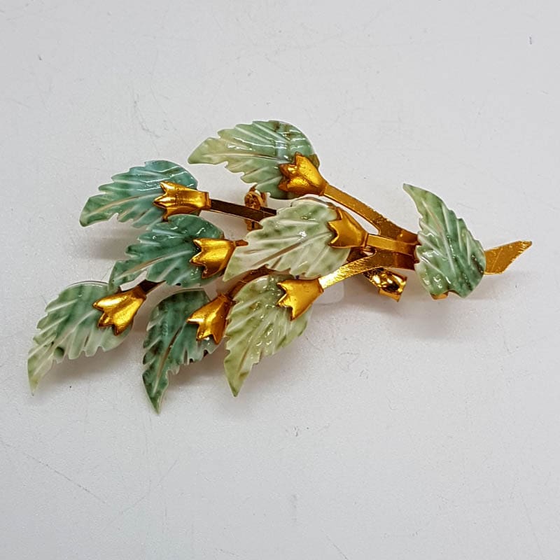 Plated Carved Green Shell Leaves Brooch - Vintage Costume Jewellery