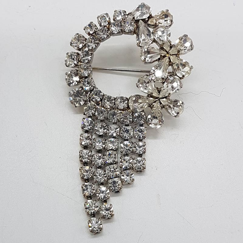 Plated Rhinestone Large Round with Drops Brooch - Vintage Costume Jewellery