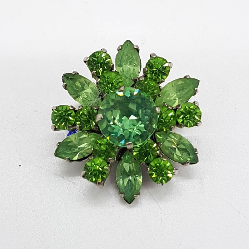 Plated Large Round Green Cluster Brooch - Vintage Costume Jewellery