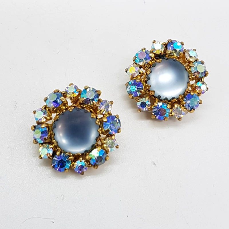 Plated Round Blue Aurora Borealis Clip-on Earrings- Vintage Costume Jewellery