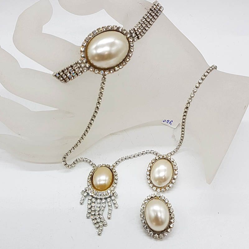 Plated Oval Faux Pearl with Rhinestone Necklace, Bracelet and Earring Set - Vintage Costume Jewellery