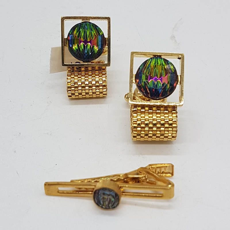 Plated Large Mystic Cufflinks with Tie Bar Set - Vintage