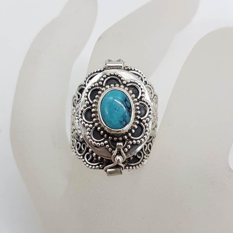 Sterling Silver Natural Turquoise Ornate Filigree Poison Ring / Pill Box Ring