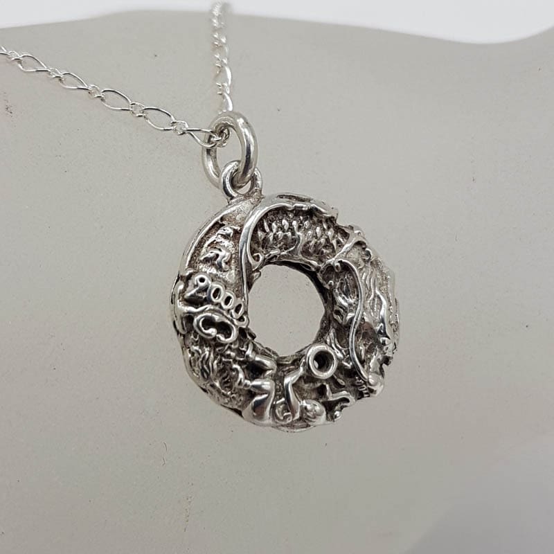 Sterling Silver Dragon and People Round Pendant on Silver Chain - Vintage