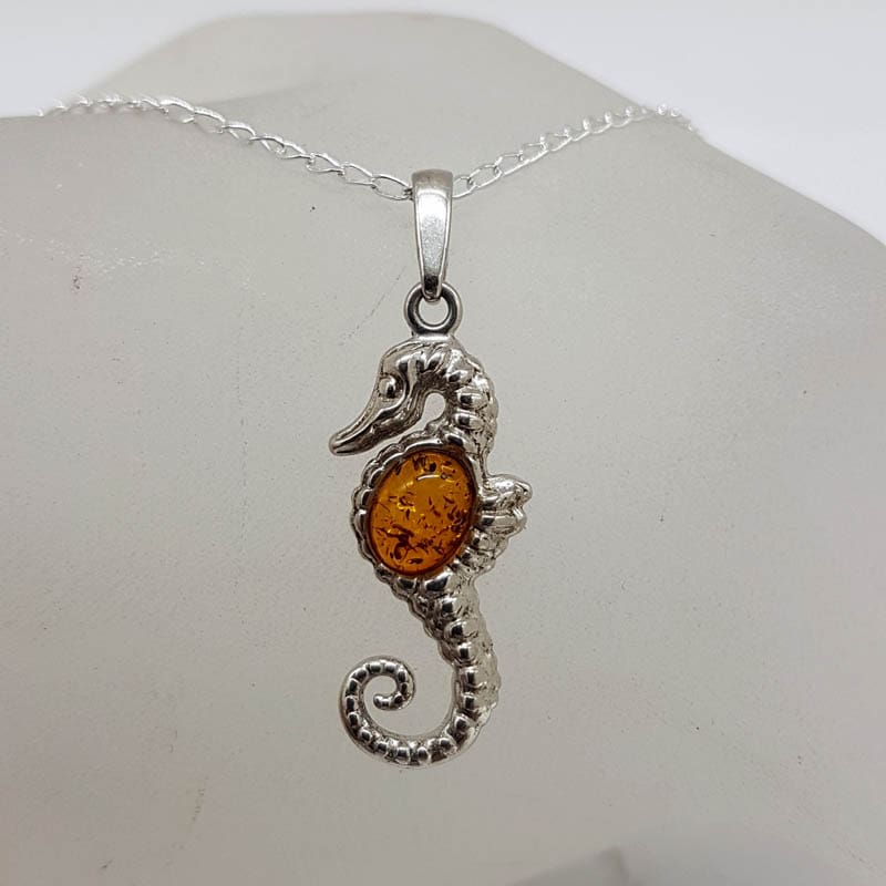 Sterling Silver Baltic Amber Seahorse Pendant on Silver Chain
