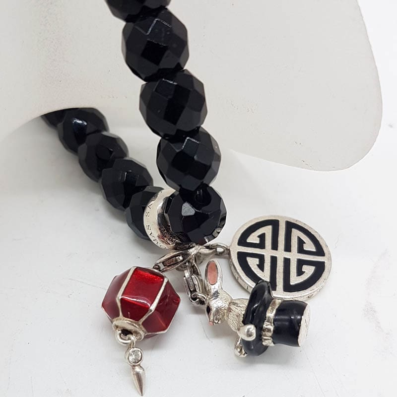 Sterling Silver Thomas Sabo Three Enamel Charms Black Onyx Bracelet with Rabbit in Hat, Red Enamel Lantern and Round Disc