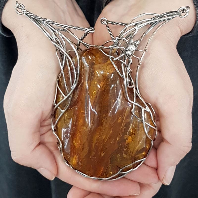 Sterling Silver Natural Baltic Amber Very Large and Unique Spider on Web Chunky Necklace