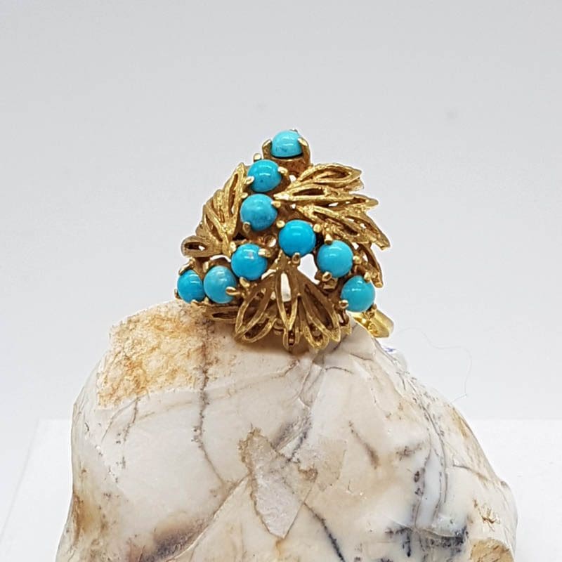 18ct Yellow Gold Large Ornate Turquoise Cluster Ring - Antique / Vintage