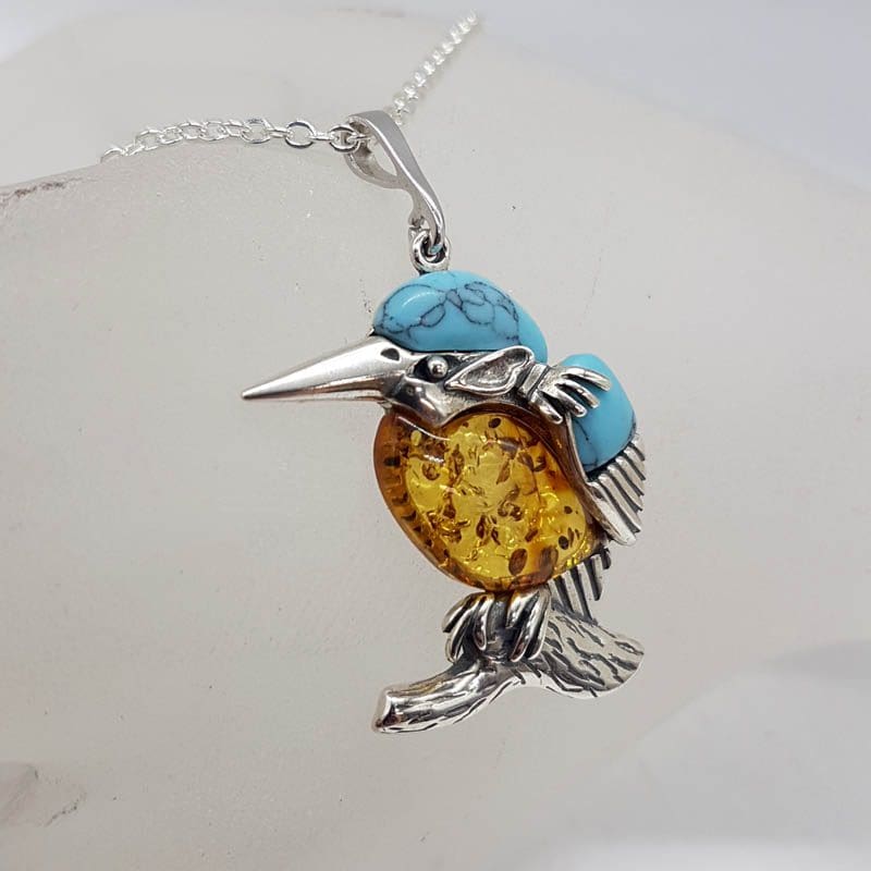 Sterling Silver Natural Baltic Amber with Reconstituted Turquoise Kingfisher Bird Pendant on Silver Chain