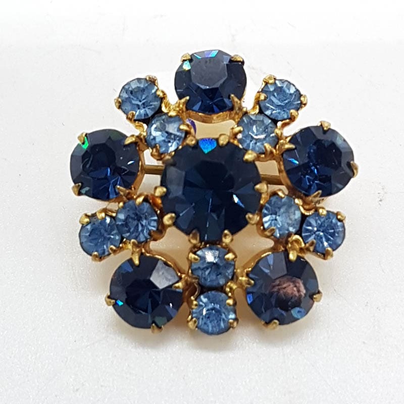 Plated Light Blue and Navy Round Cluster Brooch - Vintage Costume Jewellery