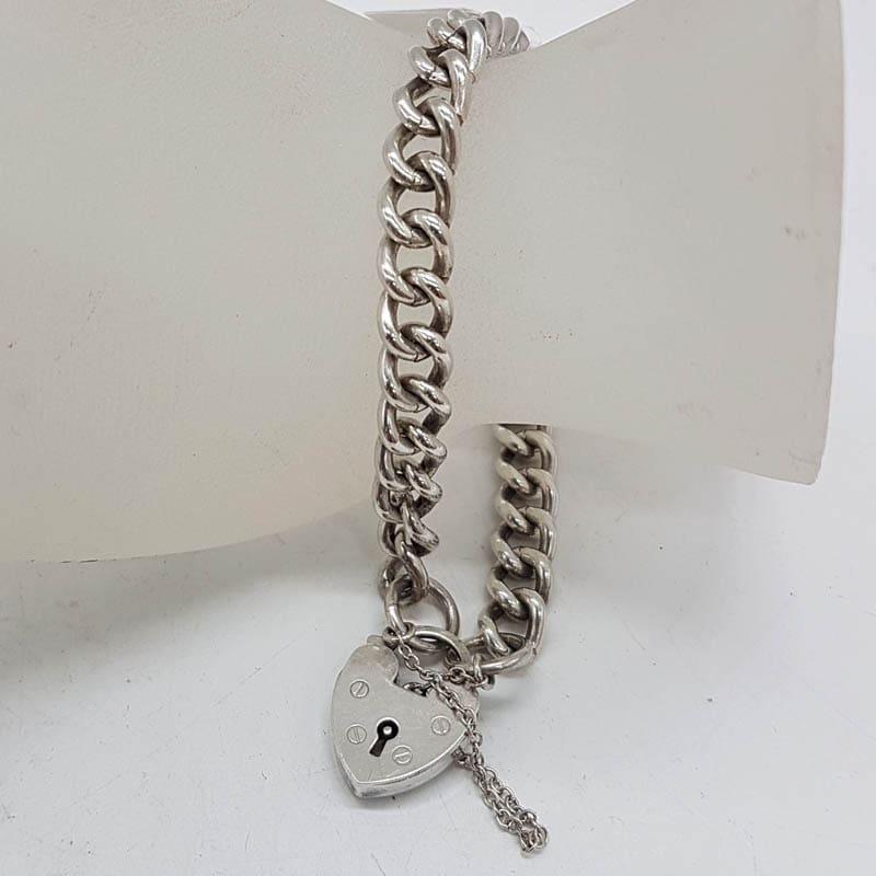 Sterling Silver Curb Link Padlock Bracelet - Antique / Vintage