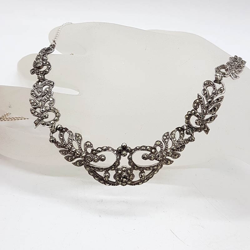 Sterling Silver Ornate Marcasite Collier Necklace / Chain - Vintage /Antique
