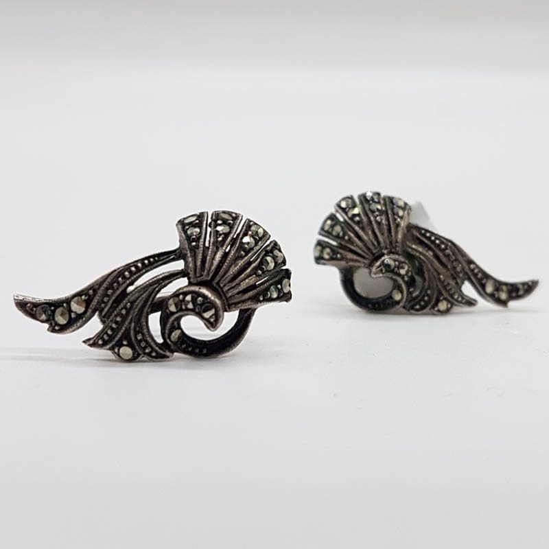 Sterling Silver Ornate Marcasite Swirl Shape Clip-On Earrings - Vintage /Antique
