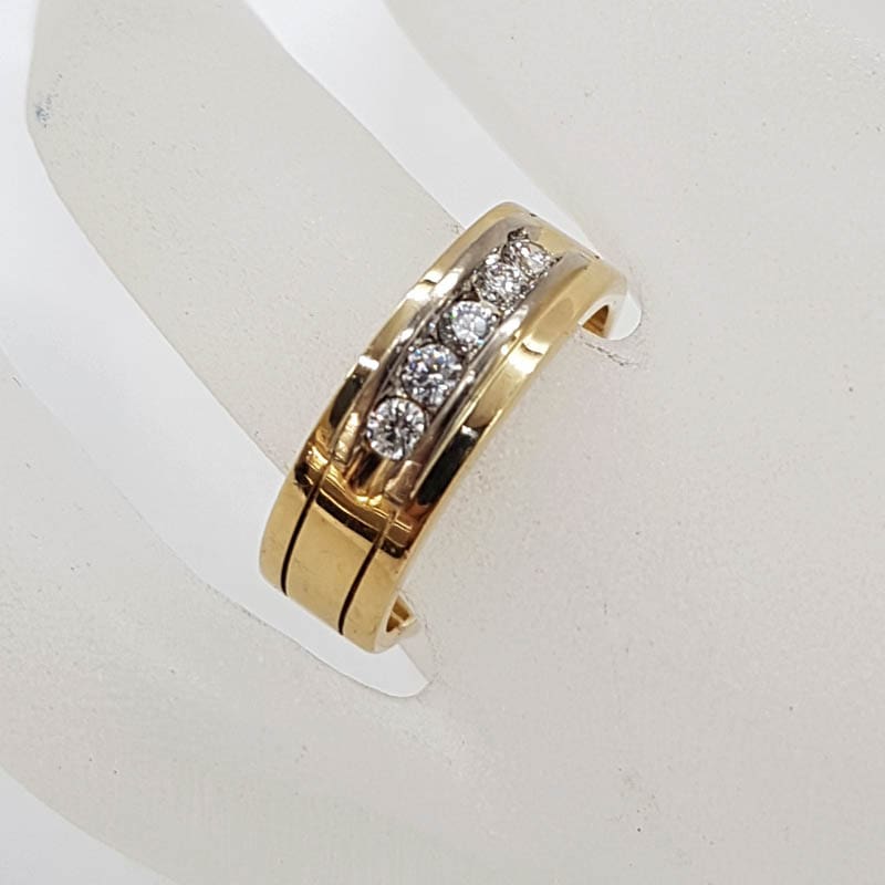 18ct Yellow Gold & White Gold Diamond 5 Stone Channel Set Wide Band Gents Ring / Ladies Ring / Wedding Ring - Antique / Vintage