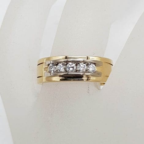 18ct Yellow Gold & White Gold Diamond 5 Stone Channel Set Wide Band Gents Ring / Ladies Ring / Wedding Ring - Antique / Vintage