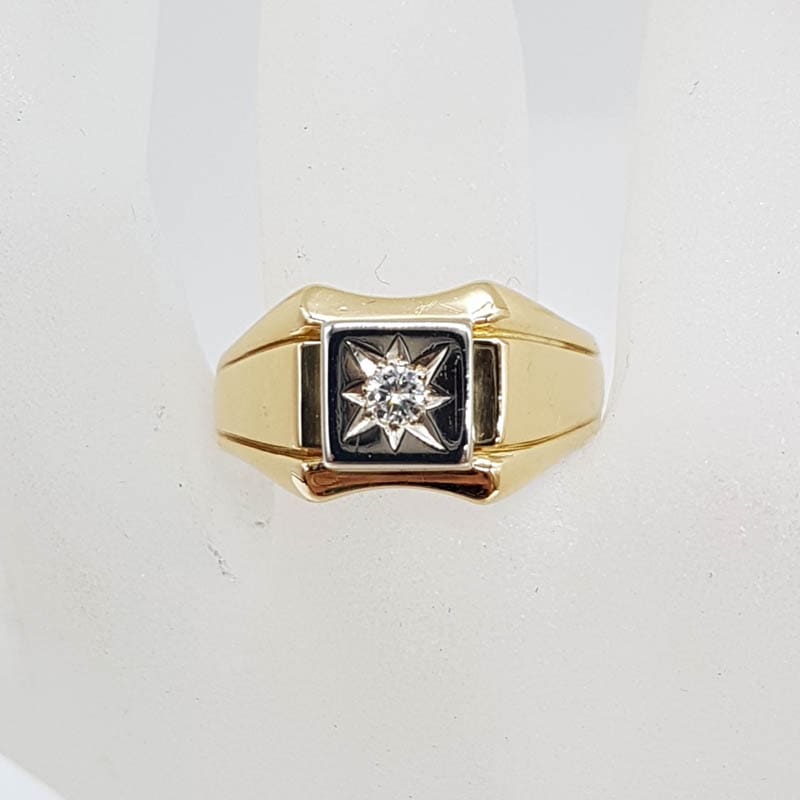 18ct Yellow Gold & White Gold Square Set Diamond Solitaire Gents Ring / Ladies Ring - Antique / Vintage