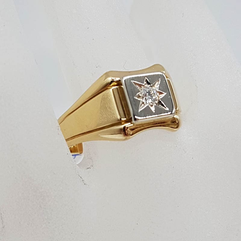 18ct Yellow Gold & White Gold Square Set Diamond Solitaire Gents Ring / Ladies Ring - Antique / Vintage