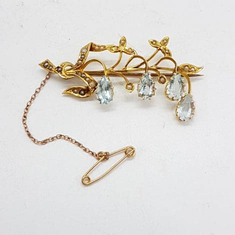 15ct Yellow Gold Ornate Lily of the Valley Style Aquamarine and Seed Pearl Brooch - Antique / Vintage