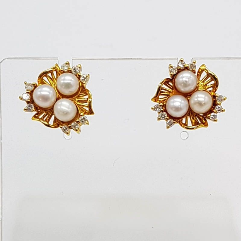 18ct Yellow Gold Diamond and Pearl Cluster Stud Earrings - Antique / Vintage