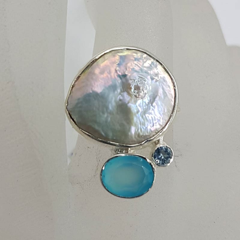 Sterling Silver Free Form Baroque Pearl Large Round with Chalcedony and Topaz Clusters Ring