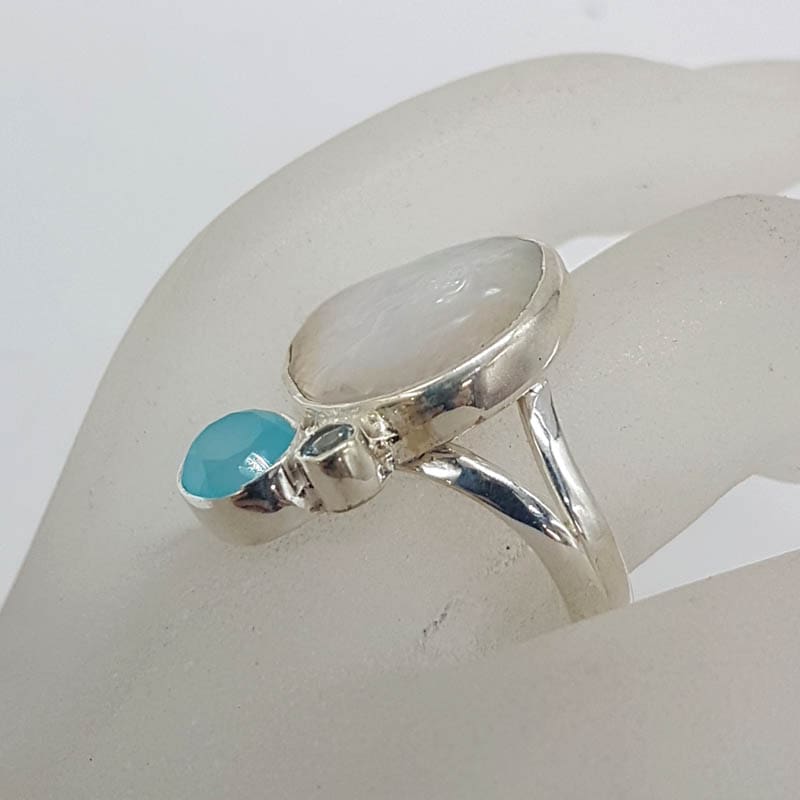 Sterling Silver Free Form Baroque Pearl Large Round with Chalcedony and Topaz Clusters Ring