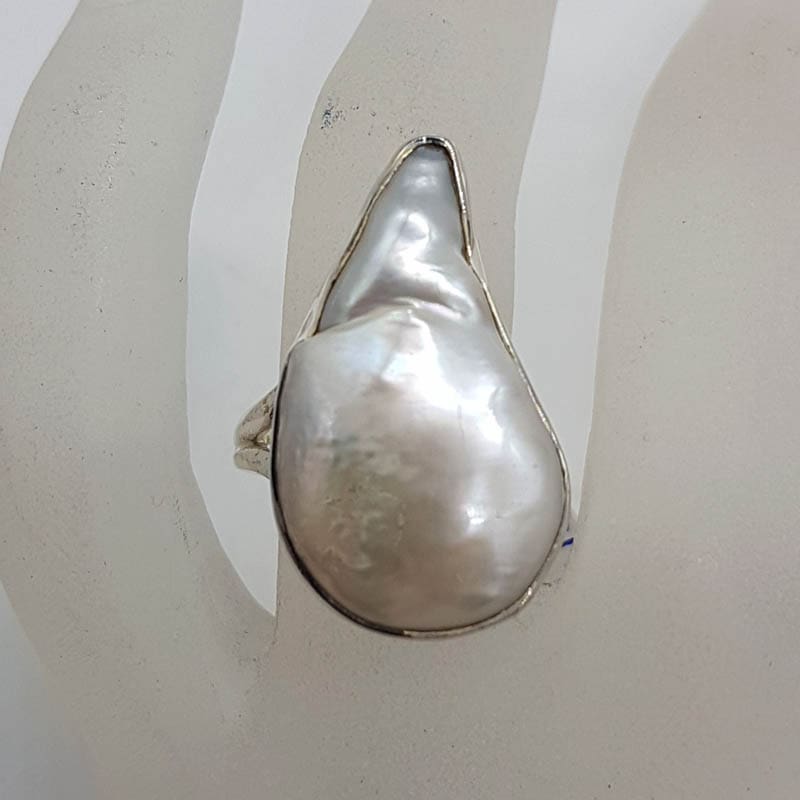 Sterling Silver Free Form Baroque Pearl Elongated Ring