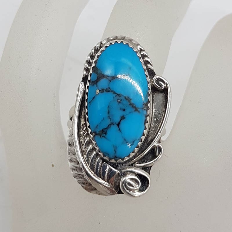 Sterling Silver Natural Turquoise Native American Ornate Leaf Design Ring - Vintage